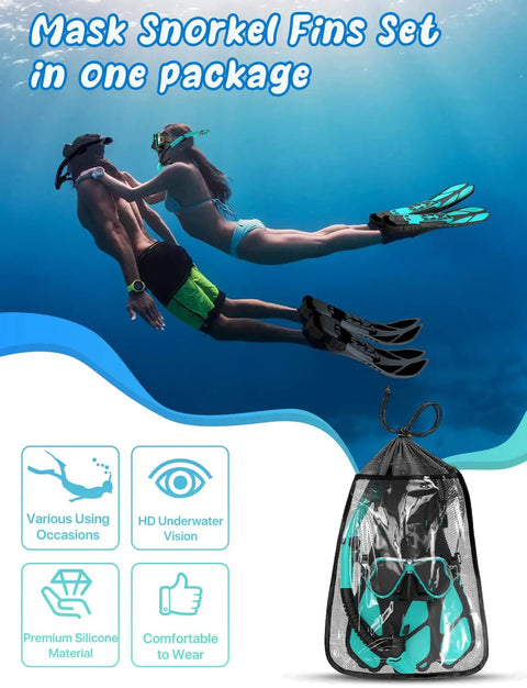 All In One Snorkel Set With Panoramic Mask And Dry Top Snorkel Grab And Go Adjustable Fins And Travel Bag For Adults displayed underwater