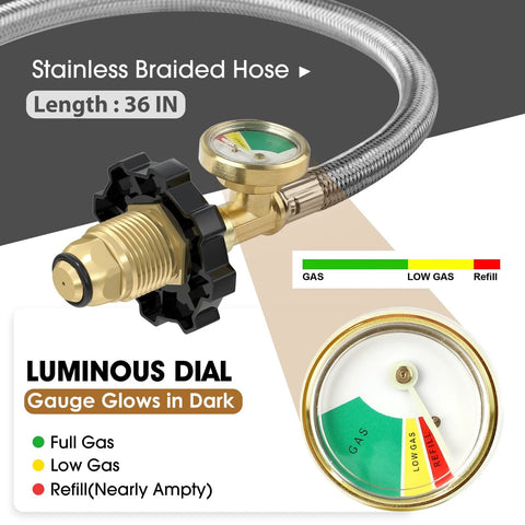 Propane gas regulator with 36-inch stainless braided hose and gauge for RVs