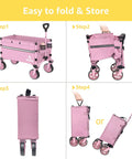 Collapsible Folding Wagon Cart With 360 Degree Wheels And Extendable Handle, 120L Pink, steps to fold and store the wagon.