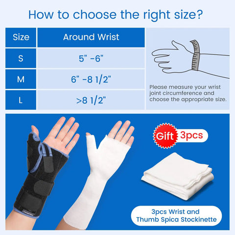 Size chart and wrist measurement guide for Carpal Tunnel Wrist Brace With Thumb Stabilizer For Night Support And All Day Comfort.