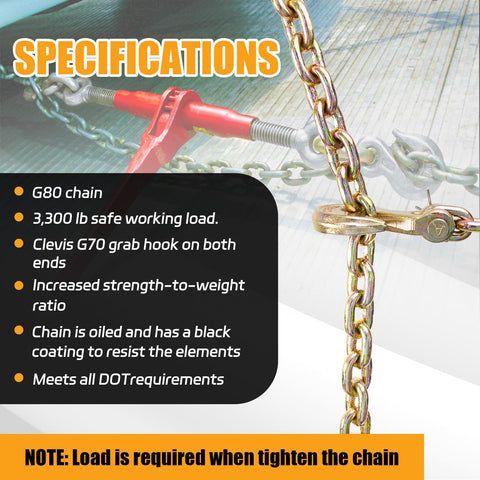 Beefy Heavy Duty One Quarter Inch Tow Chain Twelve Foot With G80 Grade Log Chain And Clevis Grab Hooks image with specs