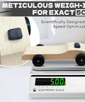 Two Size Pinewood Derby Car Weights Kit With Tungsten Putty And Graphite Lubricant on wooden car on scale showing 5 oz