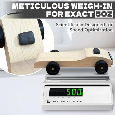 Two Size Pinewood Derby Car Weights Kit With Tungsten Putty And Graphite Lubricant on wooden car on scale showing 5 oz