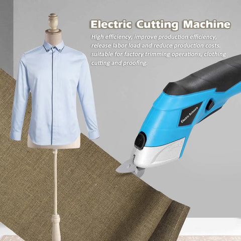 Cordless Electric Scissors With Knockout Power For Zero Fuss Fabric Cutting And Cardboard Trimming Featuring Dual Angle Blades used on a fabric piece and shirt.