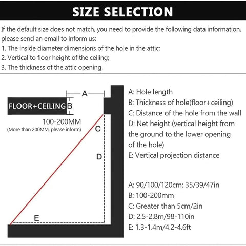 Electric Attic Ladder Remote Control Pull Down Folding Loft Stairs size selection chart with dimensions and instructions.