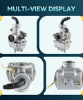 Multi-view display of PZ20 Carburetor For 49cc 70cc 90cc 100cc 110cc And 125cc Chinese ATVs with gasket and air filter kit.