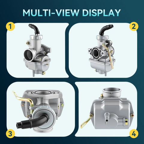 Multi-view display of PZ20 Carburetor For 49cc 70cc 90cc 100cc 110cc And 125cc Chinese ATVs with gasket and air filter kit.