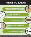 Infographic titled 'Things to Know' about Beefy Brushed Nickel Non-Bypass Sliding Barn Door Hardware Kit For One Or Single Door 8 Foot Flat Track Arrow Design Roller Heavy Duty Mounting System For Interior And Exterior Use, featuring questions and related images.