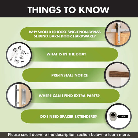 Infographic titled 'Things to Know' about Beefy Brushed Nickel Non-Bypass Sliding Barn Door Hardware Kit For One Or Single Door 8 Foot Flat Track Arrow Design Roller Heavy Duty Mounting System For Interior And Exterior Use, featuring questions and related images.