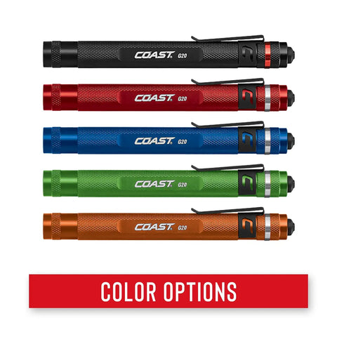 G20 Inspection Beam LED Penlight With Handy Pocket Clip And Edge To Edge Brightness shown in five color options