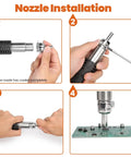 Steps to install nozzle on Compact Entry Level Hot Air Rework Station Kit with Integrated Design and 3 Hot Air Nozzles.