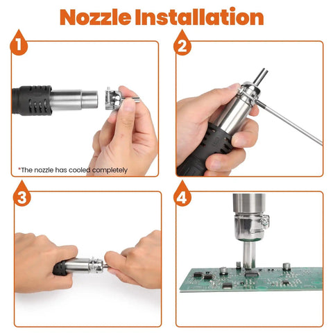 Steps to install nozzle on Compact Entry Level Hot Air Rework Station Kit with Integrated Design and 3 Hot Air Nozzles.