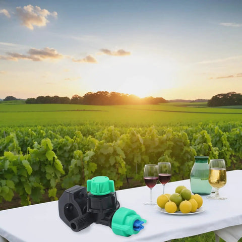Flat Fan Spray Nozzle For Boom Sprayers With Adjustable Output on table, vineyard background, wide area coverage for liquid application