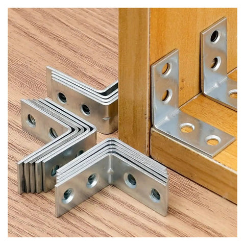 Beefy L Shaped Corner Brackets For Shelves Heavy Duty Metal Wall Mount Supports stacked on wooden surface next to mounted bracket