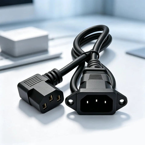 IEC C14 To C13 Power Extension Cable, Right Angle C90 Design, 60 Cm Panel Mount Cord, Solid Copper Core, Smooth Rig Routing.