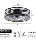 Industrial Cage Ceiling Fan With Light And Remote, 36-Inch Retractable Blades, showcasing dimensions and bulb details