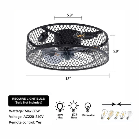 Industrial Cage Ceiling Fan With Light And Remote, 36-Inch Retractable Blades, showcasing dimensions and bulb details