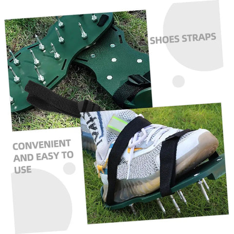 16 Piece Lawn Aerator Shoes Straps with a Workhorse Heavy Duty Garden Spikes for lawn care, on shoes in garden.