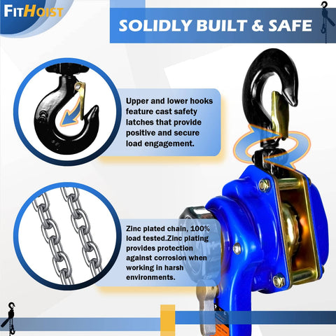 Heavy Duty Lever Chain Hoist With 1650 Lbs Capacity 5 Ft Manual Ratchet Chain Puller detail showing bolt-on swivel hooks and chain
