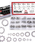 Hilitchi 400-piece stainless steel external/internal tooth star lock washer set in clear plastic case (M2–M12).