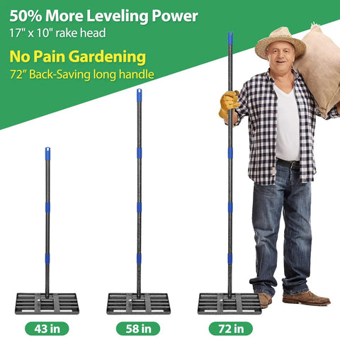6 Foot Lawn Leveling Rake With 17 By 10 Inch Head For Smooth Grass Soil Dirt And Sand, Long Handle Ground Leveler display