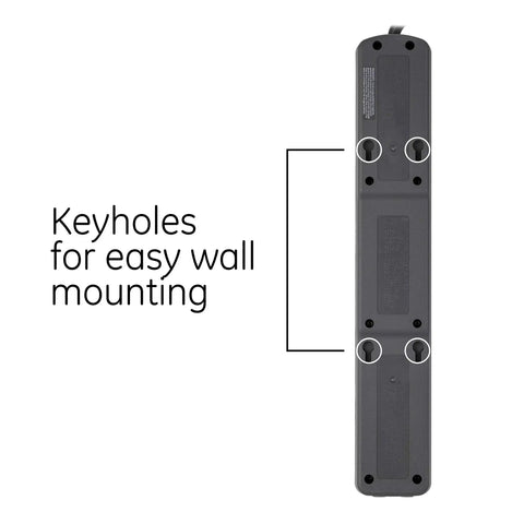 Back view of Dope UltraPro 7 Outlet Surge Protector With USB Ports, 4 Foot Cord, 1500 Joules, showing keyholes for wall mounting.