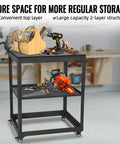 Heavy Duty Rolling Tool Stand With Swivel Casters And Tough Melamine Wood Worktop For Miter Saws Drill Press Bench Grinders And Planers. Two-layer cart with tools.