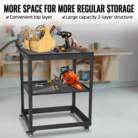 Heavy Duty Rolling Tool Stand With Swivel Casters And Tough Melamine Wood Worktop For Miter Saws Drill Press Bench Grinders And Planers. Two-layer cart with tools.