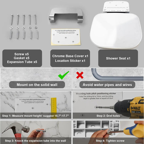 Fold Down Wall Mounted Shower Chair With 400 Lb Capacity parts and installation instructions.