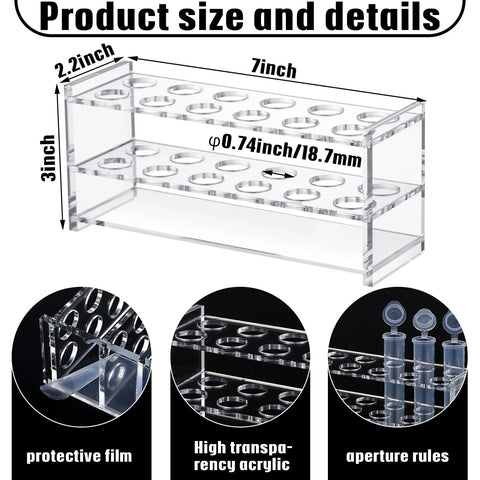 Two Piece Acrylic Test Tube Holder Rack With 12 Socket Vial Stand, Clear Lab Organizer Fits 15 To 18 mm Tubes, size shown