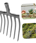 Heavy Duty Steel Garden Fork for soil loosening and planting area prep shown with quick attach head for wooden handle.
