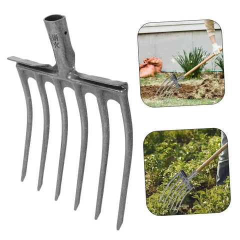 Heavy Duty Steel Garden Fork for soil loosening and planting area prep shown with quick attach head for wooden handle.