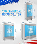 Top Tier Commercial Reach In Refrigerator Double Door Stainless Steel 49.6 Cubic Foot with dimensions and capacity displayed.