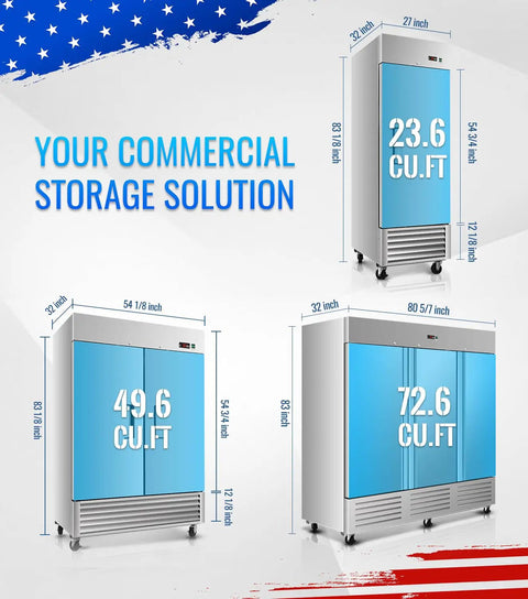 Top Tier Commercial Reach In Refrigerator Double Door Stainless Steel 49.6 Cubic Foot with dimensions and capacity displayed.