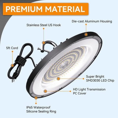 4 Pack UFO LED High Bay Light 200W With 6000K Daylight featuring die-cast aluminum housing, 5ft cord, IP65 waterproof silicone sealing, US plug