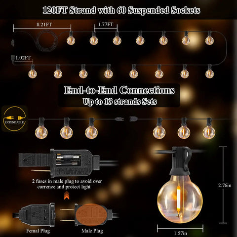 Diagram of 120ft Outdoor G40 LED Globe String Lights End-To-End Connectable with 60 waterproof shatterproof bulbs and plugs