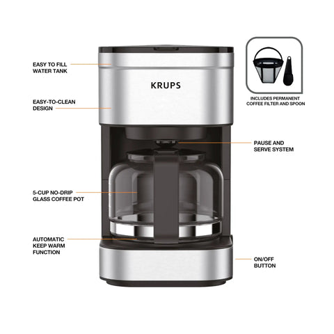 Compact Five Cup Coffee Maker With Stainless Steel Design And Pause And Brew Function Keep Warm Reusable Filter