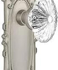 Privacy Door Knob Set With Oval Fluted Lead Crystal Knobs On Satin Nickel Forged Brass Plates Complete Two Sided Set For One Door