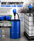 Heavy Duty Electric Drum Pump Fits 55 Gallon Barrels And Ibc Tanks With 120 Volt AC And 12 Volt DC Power Plug adjusts from 33.5" to 49".