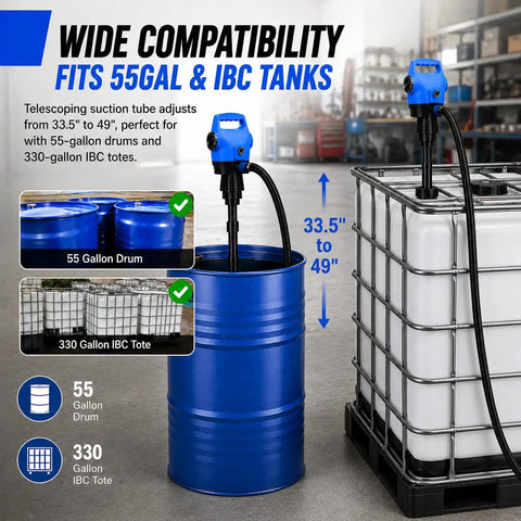 Heavy Duty Electric Drum Pump Fits 55 Gallon Barrels And Ibc Tanks With 120 Volt AC And 12 Volt DC Power Plug adjusts from 33.5" to 49".