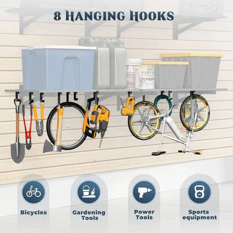 Two Pack 2x3 Ft Wall Mounted Garage Shelves Heavy Duty Steel Storage Racks With Hooks for tools and bicycles