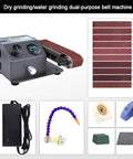 Mini Electric Wet Dry Bench Sander With Variable Speed Control Up To 13000Rpm And Lcd Display, features individual belts and accessories.