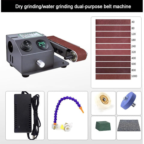 Mini Electric Wet Dry Bench Sander With Variable Speed Control Up To 13000Rpm And Lcd Display, features individual belts and accessories.