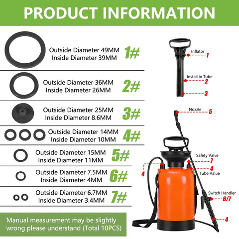 Ten Piece Sprayer Seal Rings Kit With NBR Rubber O Rings And Gaskets Replacement For Most Garden Pressurized Hand Sprayers Fits 1L 3L 5L 8L Units Durable Pump Repair Parts DIY Friendly Multi Size Seal Kit, 7 sizes displayed