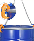 Heavy Duty 55 Gallon Drum Lift Chain Hoist For Steel And Plastic Drums with orange hooks gripping blue metal drum securely.