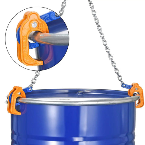 Heavy Duty 55 Gallon Drum Lift Chain Hoist For Steel And Plastic Drums with orange hooks gripping blue metal drum securely.