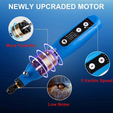 Esakoya cordless rotary tool blue, side view, 75 accessories, 5 speed settings