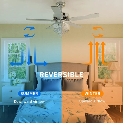 Dope Chandelier Style Ceiling Fan With Remote And Light showing reversible motor function for summer and winter airflow