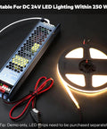 Beefy 24V 300W LED Power Supply Driver with DC male connector and LED strip lighting for dual-channel output, IP20 rating.