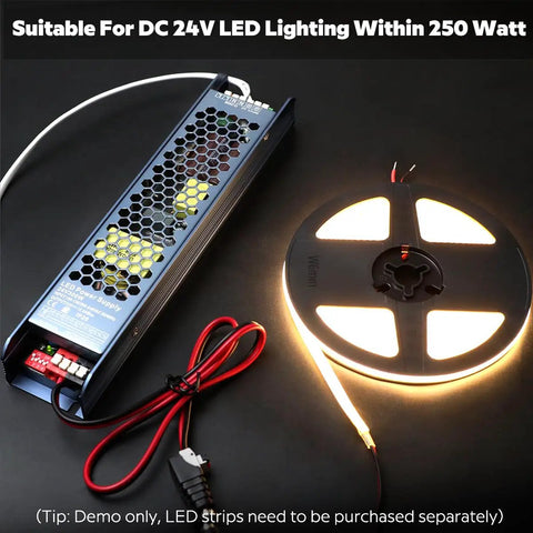 Beefy 24V 300W LED Power Supply Driver with DC male connector and LED strip lighting for dual-channel output, IP20 rating.